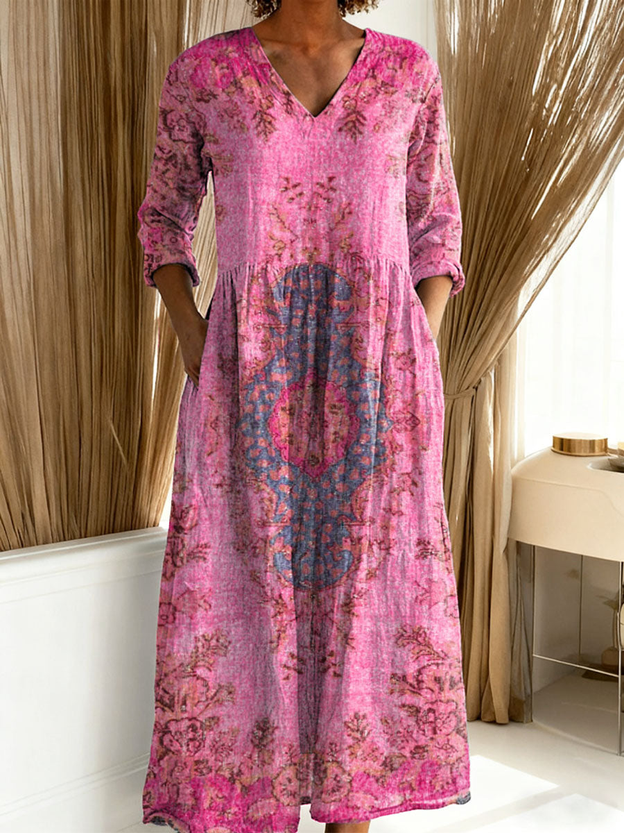 Women's Vintage Floral Pattern Art Print Casual Cotton Linen Pocket Dress