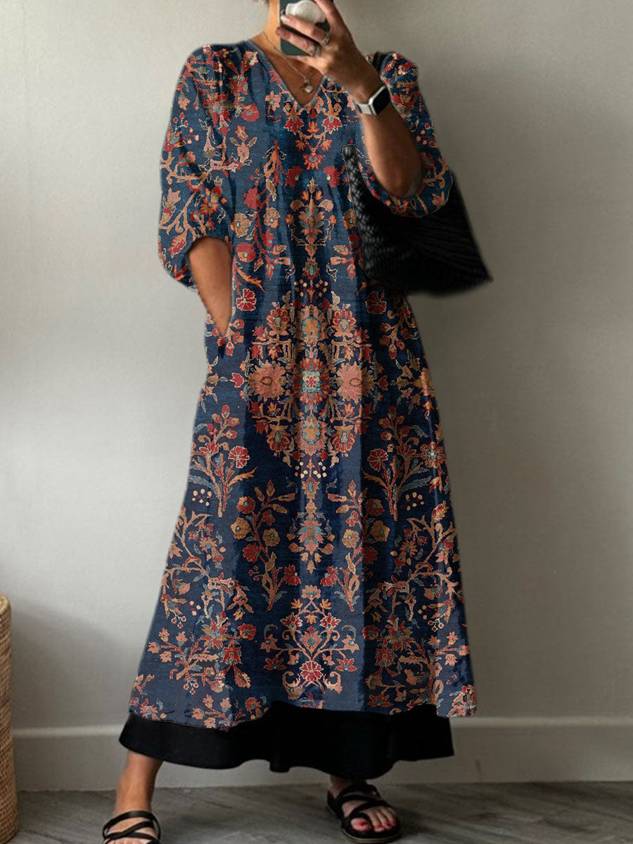 Women's Vintage Flower Art Print  Pocket V-neck Cotton Dress