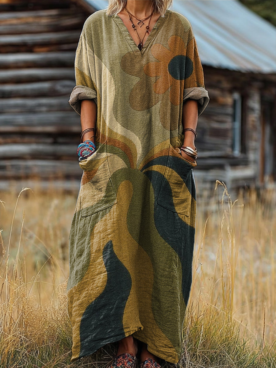 Women's Vintage Abstract Striped Floral Art Print Pocket V-neck Cotton Dress