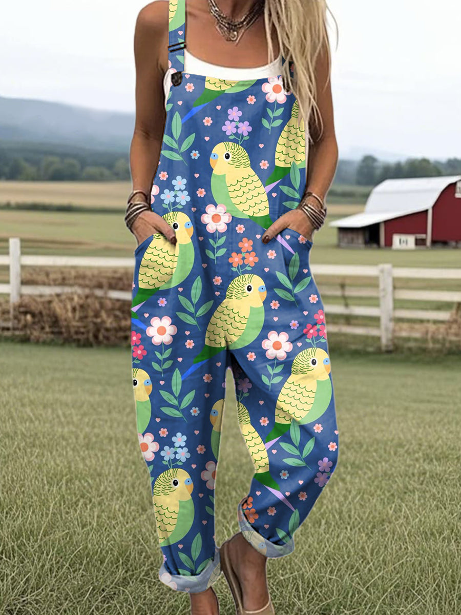 Women's Colourful Art Cartoon Bird Print Casual 100% Cotton Wide Leg Jumpsuit