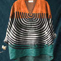 Women's Abstract Orange and Green Color-blocking Print Casual Cotton And Linen V-neck Shirt