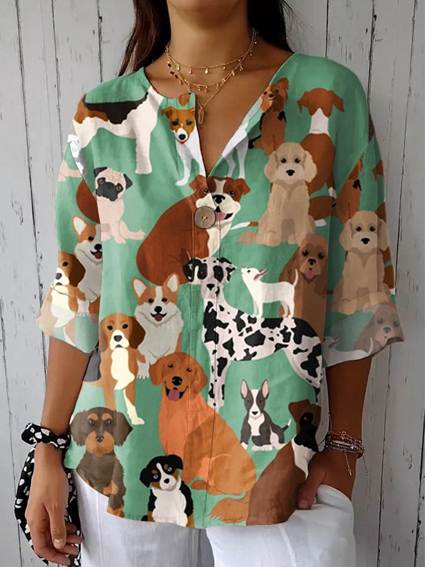 Women's Dog Art Print  Casual Cotton Linen Shirt