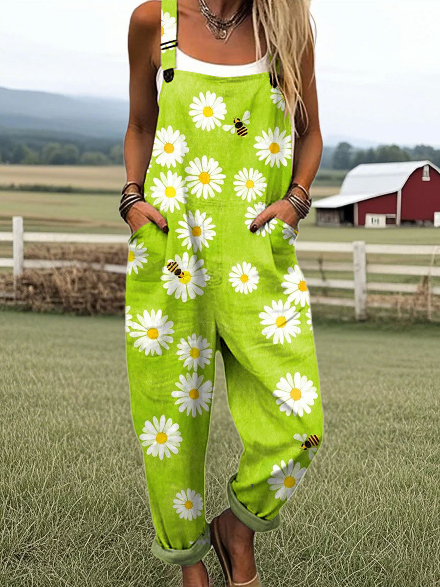 Women's Fashion Bee and Floral Art Print Casual 100% Cotton Wide Leg Jumpsuit