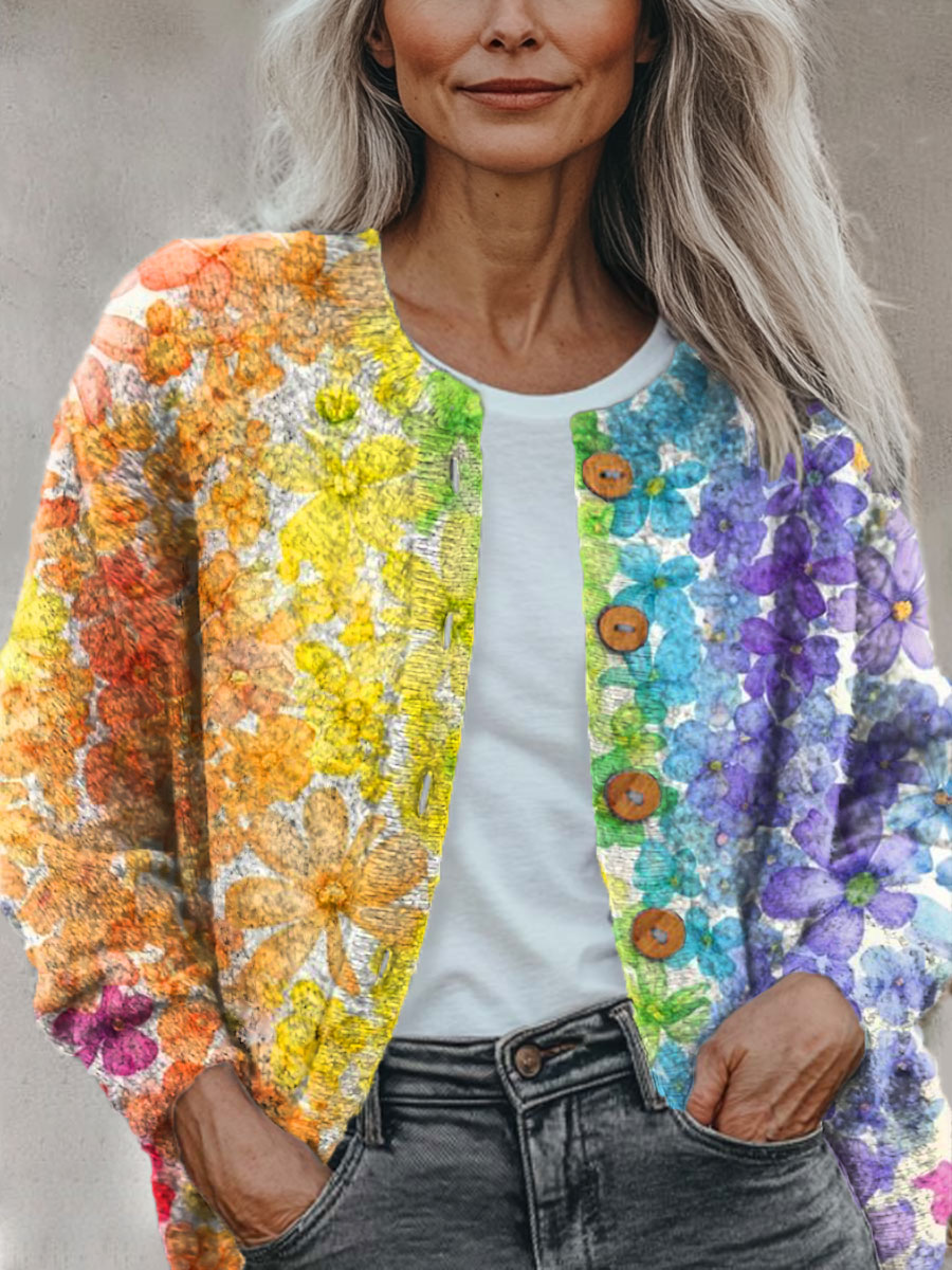 simple-rainbow-floral-multicolor-print-buttoned-cardigan-sweater