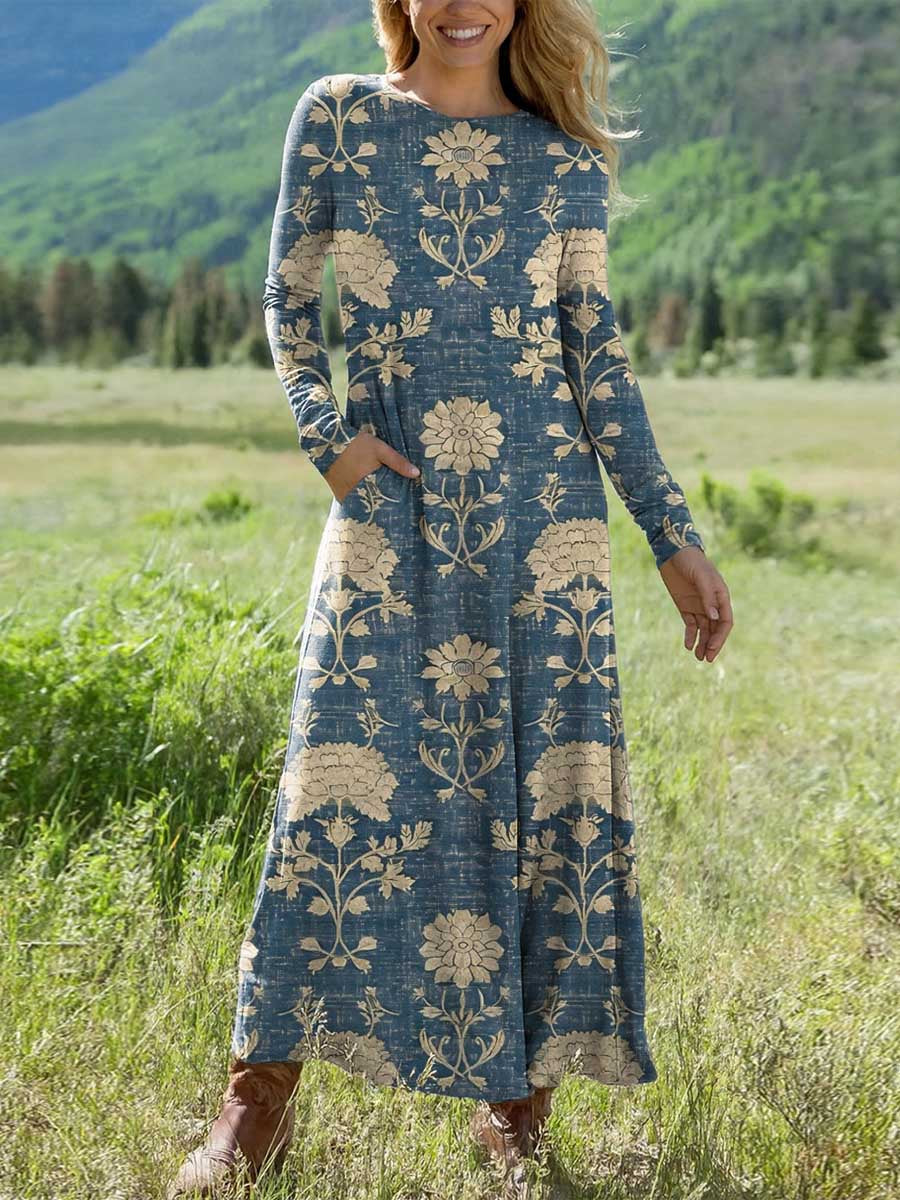 Women's Retro Floral Pattern Art Print Long-sleeved Dress