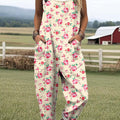 Women's Lovely Floral Art Print Casual 100% Cotton Wide Leg Jumpsuit