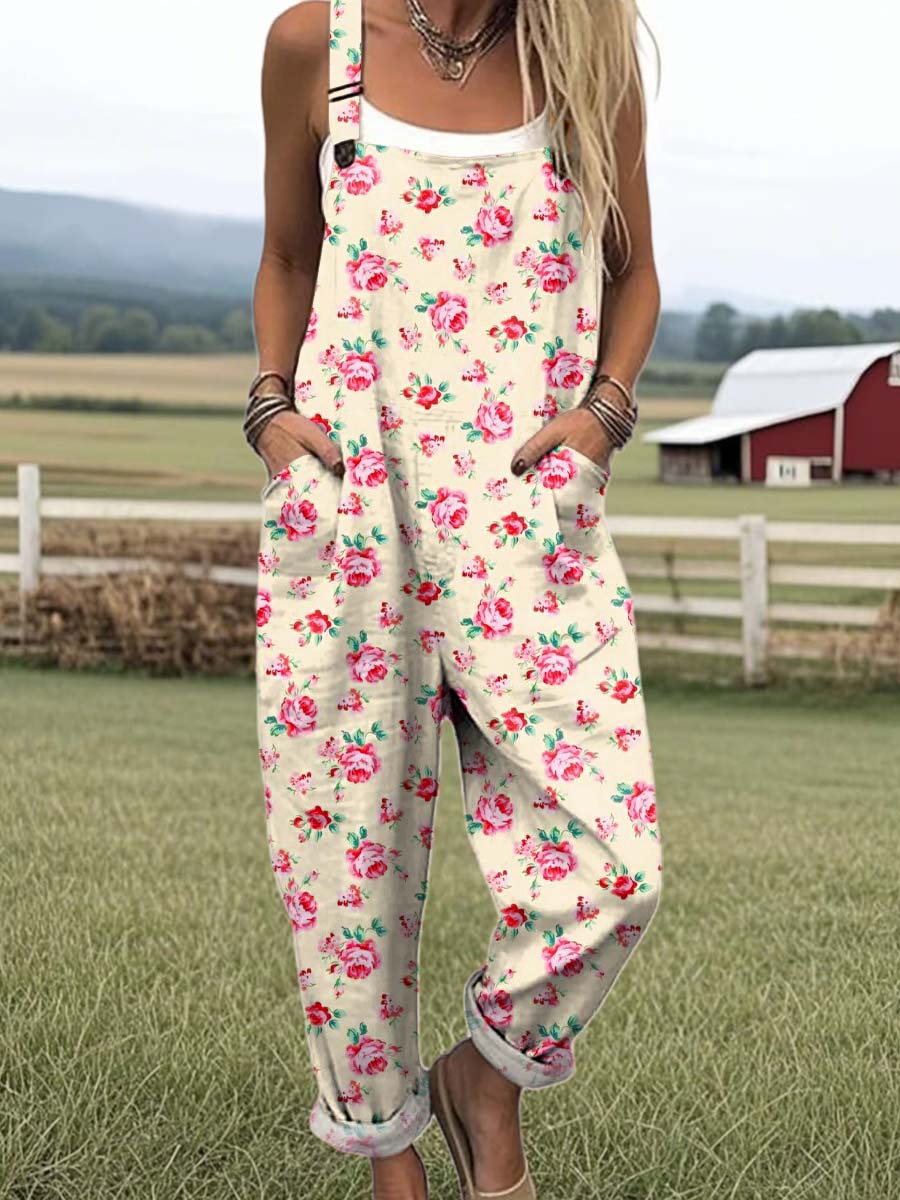 Women's Lovely Floral Art Print Casual 100% Cotton Wide Leg Jumpsuit