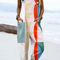 Women's Vintage Abstract Geometric Line Art Print Casual 100% Cotton Wide Leg Jumpsuit