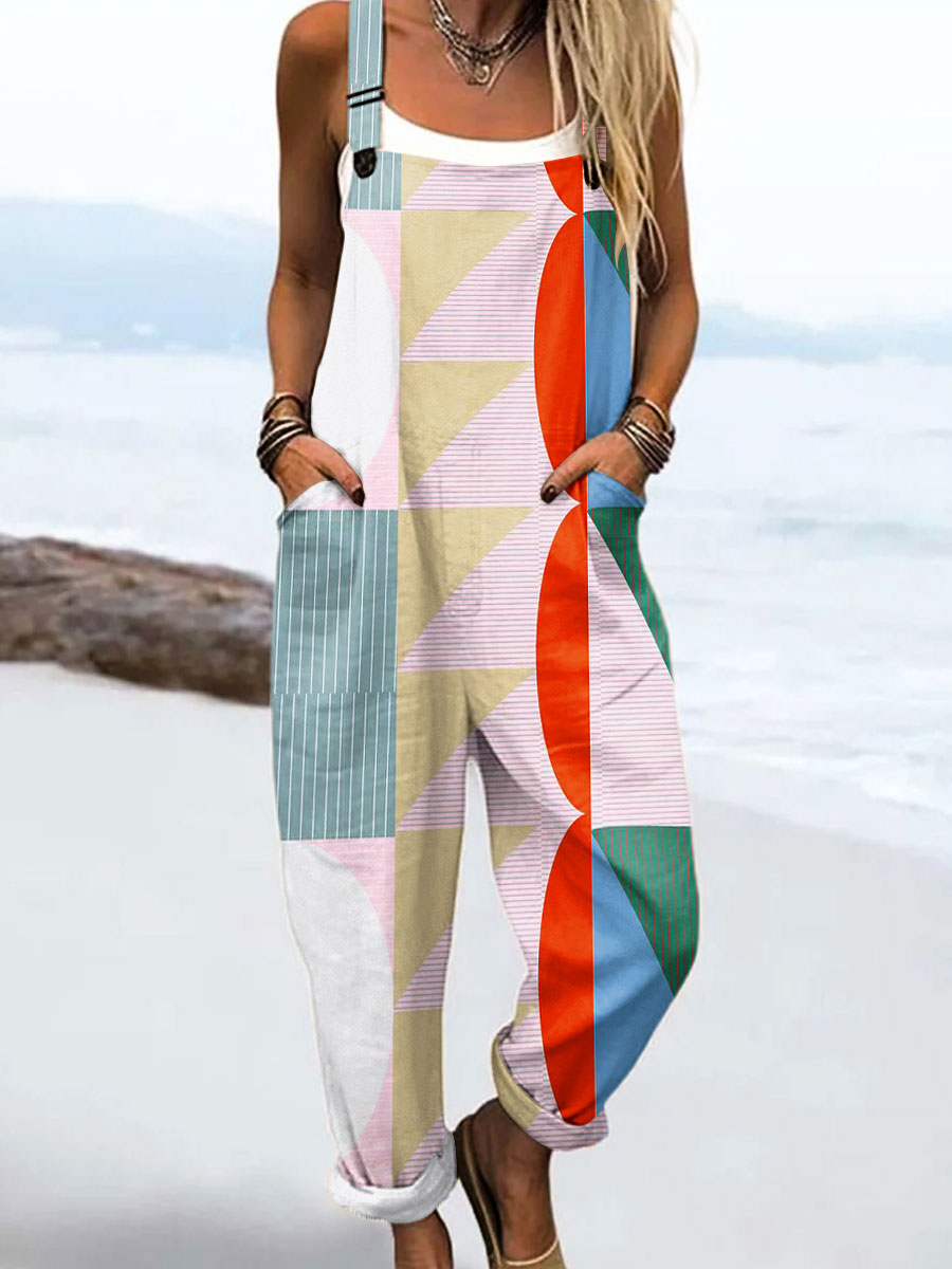 Women's Vintage Abstract Geometric Line Art Print Casual 100% Cotton Wide Leg Jumpsuit