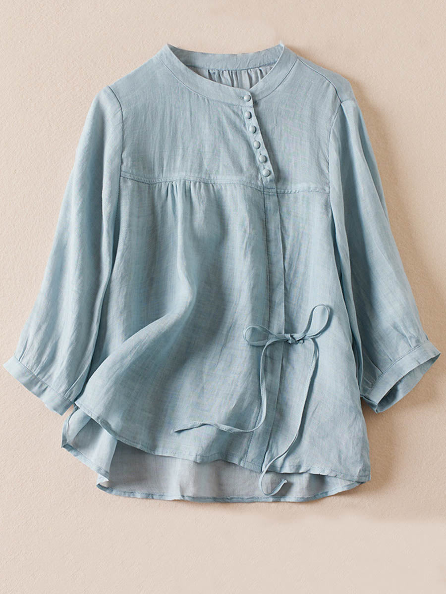 Women's  Solid Color Stand Collar Casual Pullover Chinese Style Cotton And Linen Shirt