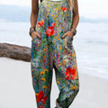 Women's Vintage Lovely Floral Art Print Casual 100% Cotton Wide Leg Jumpsuit