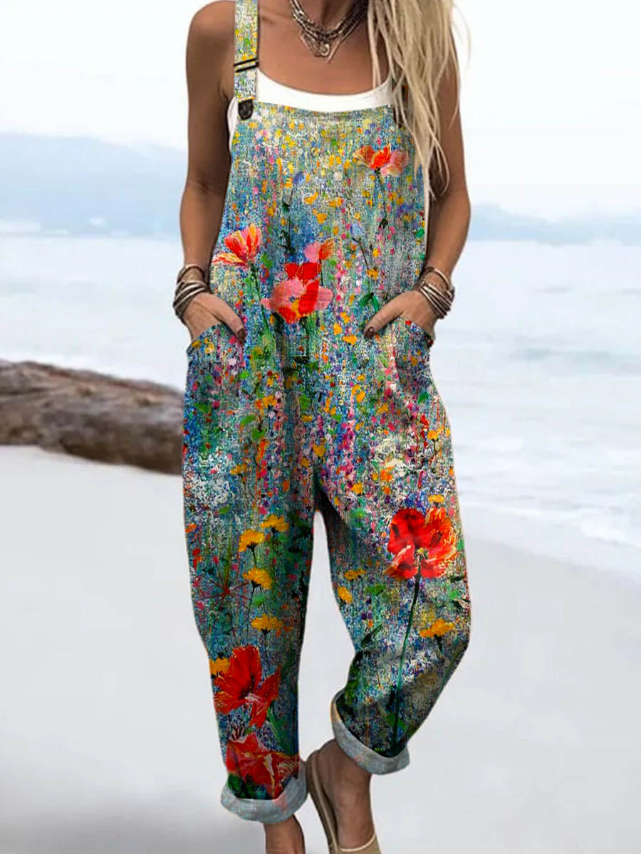 Women's Vintage Lovely Floral Art Print Casual 100% Cotton Wide Leg Jumpsuit