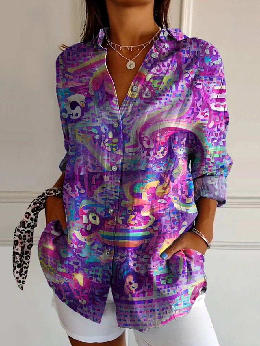Abstract Random Pattern Printed Women's Casual Cotton Shirt