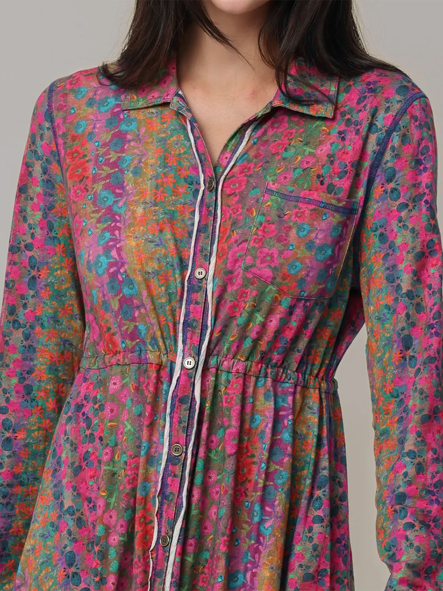Boho Rainbow Floral Print Shirt Stretch Dress