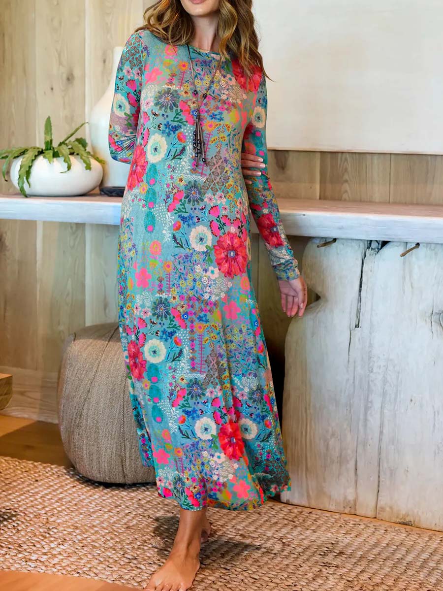 Women's Retro Floral Print Round Neck Long Sleeve Casual Loose Dress