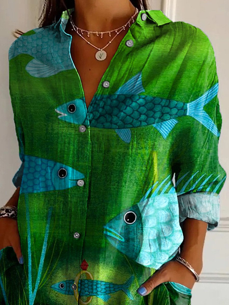 Pond Fish And Hidden Gem Art Printed Women's Casual Cotton Shirt