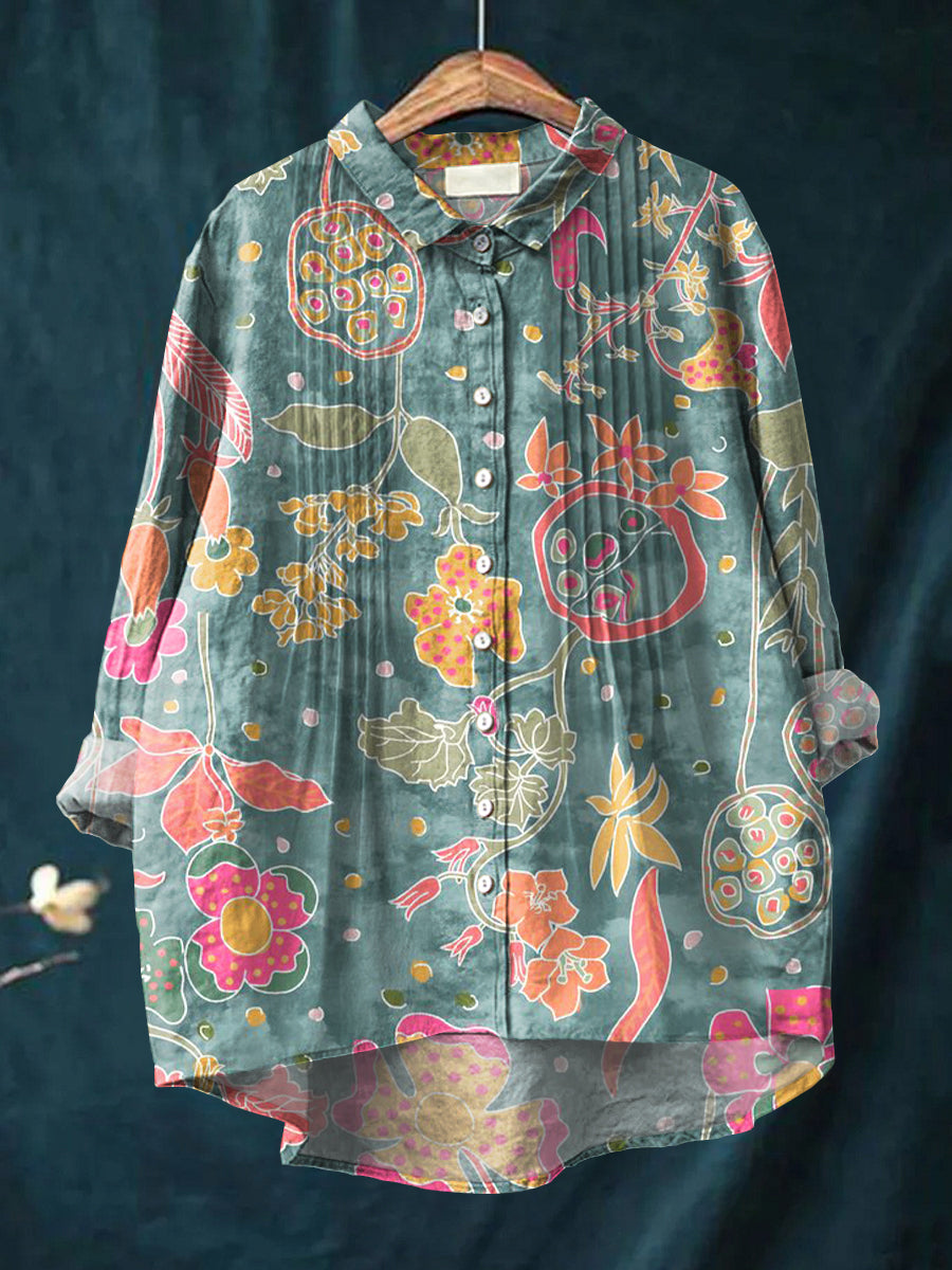 Women's Beautiful Vintage Floral Painting Art Print Casual Cotton And Linen Ruffle Shirt