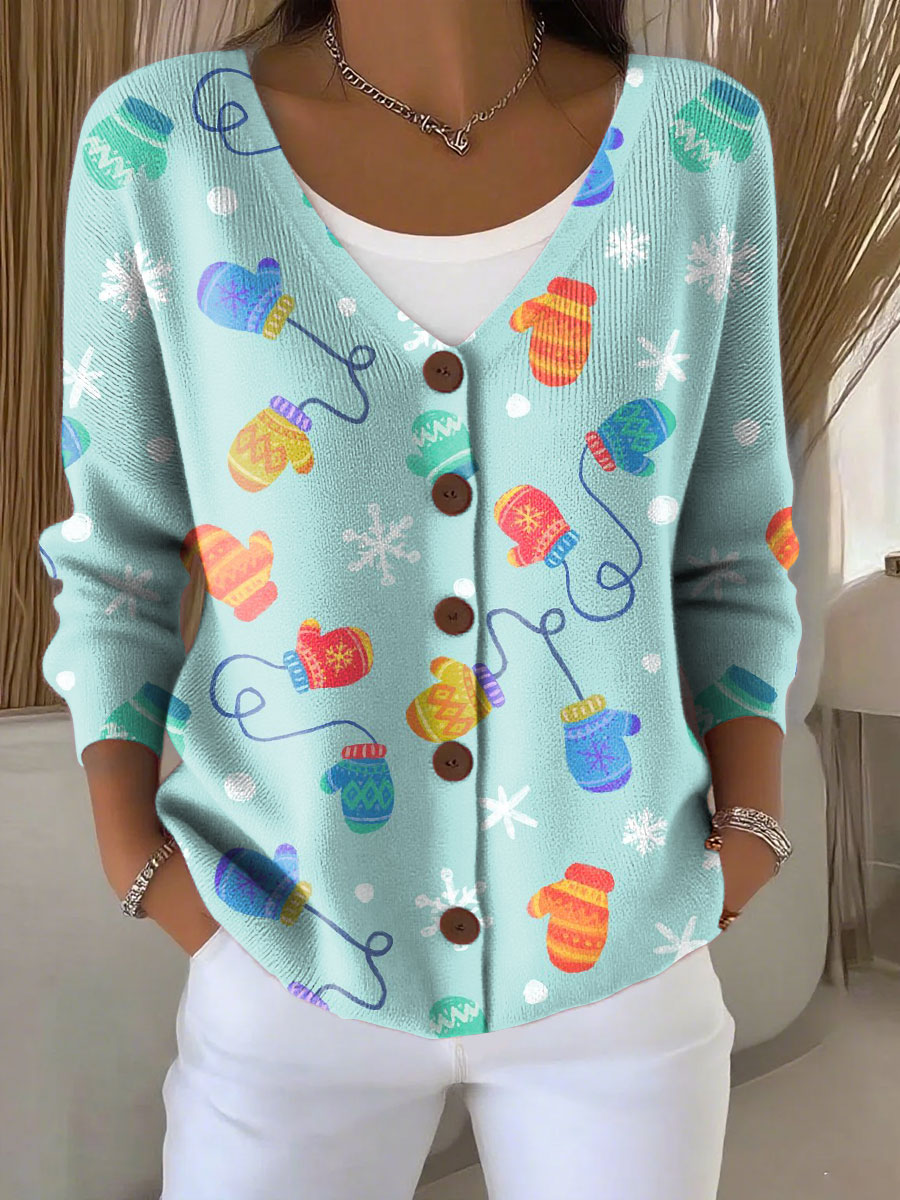 Christmas Multicolor Gloves Snowflakes Print Buttoned V-neck Cardigan Sweater