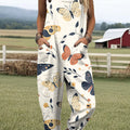 Women's Artistic Creative Butterfly Flowers Print Casual 100% Cotton Wide Leg Jumpsuit