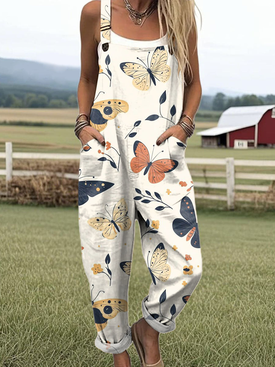 Women's Artistic Creative Butterfly Flowers Print Casual 100% Cotton Wide Leg Jumpsuit