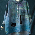Women's Oil Painting Cat Art Print Casual Cotton And Linen Shirt
