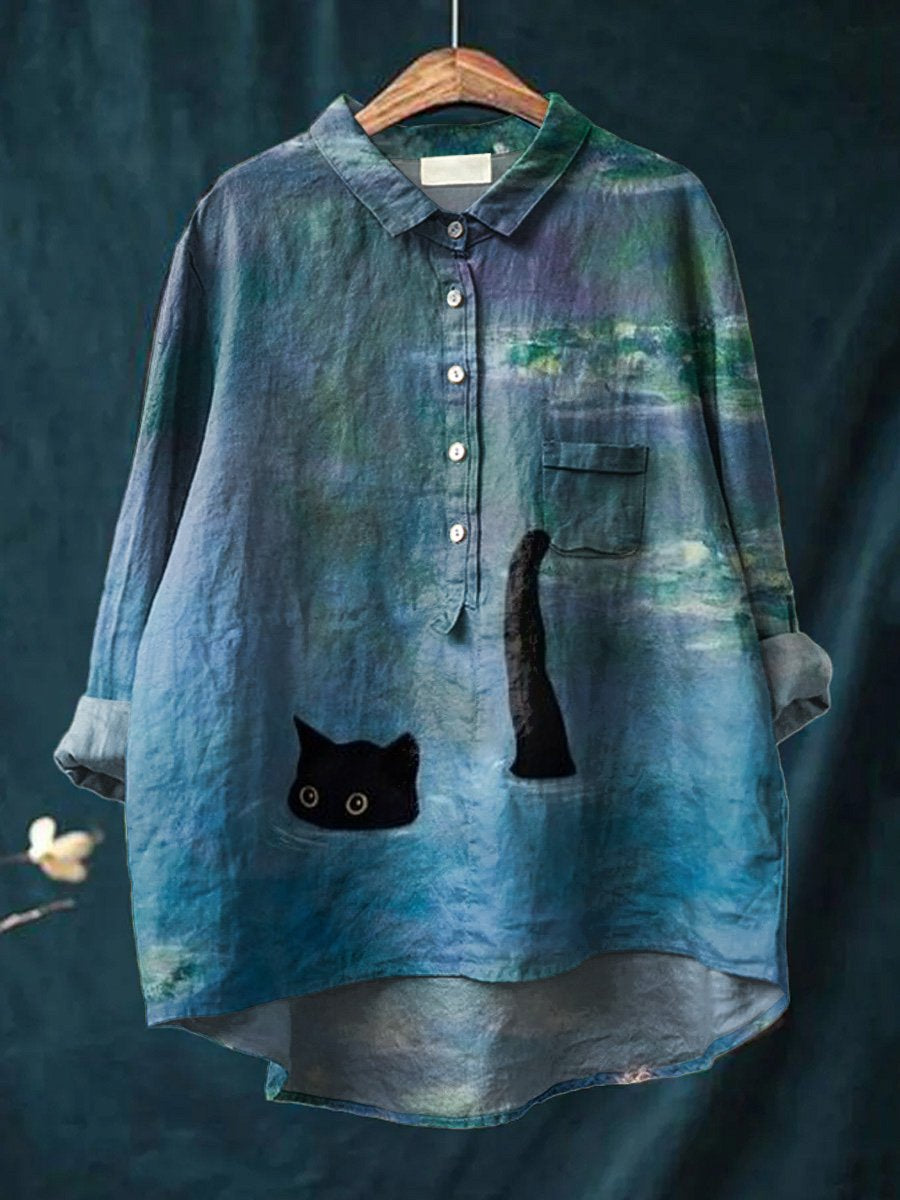 Women's Oil Painting Cat Art Print Casual Cotton And Linen Shirt