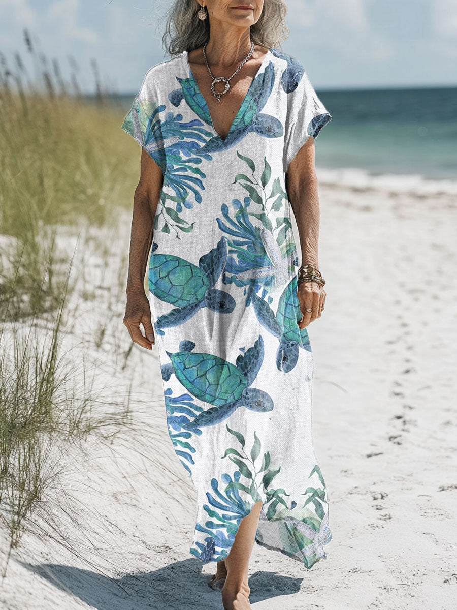 Women's Turtle Art Print Pocket Cotton Dress