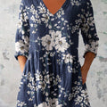 Women's Elegant Floral Print Pattern Shirt Style Cotton and Linen Dress