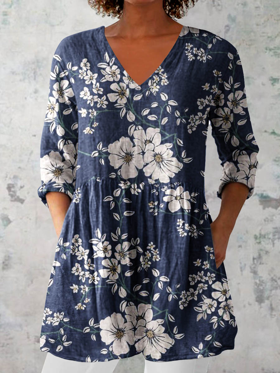 Women's Elegant Floral Print Pattern Shirt Style Cotton and Linen Dress