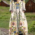 Women's Vintage Floral Art  Print Pocket V-neck Cotton Dress
