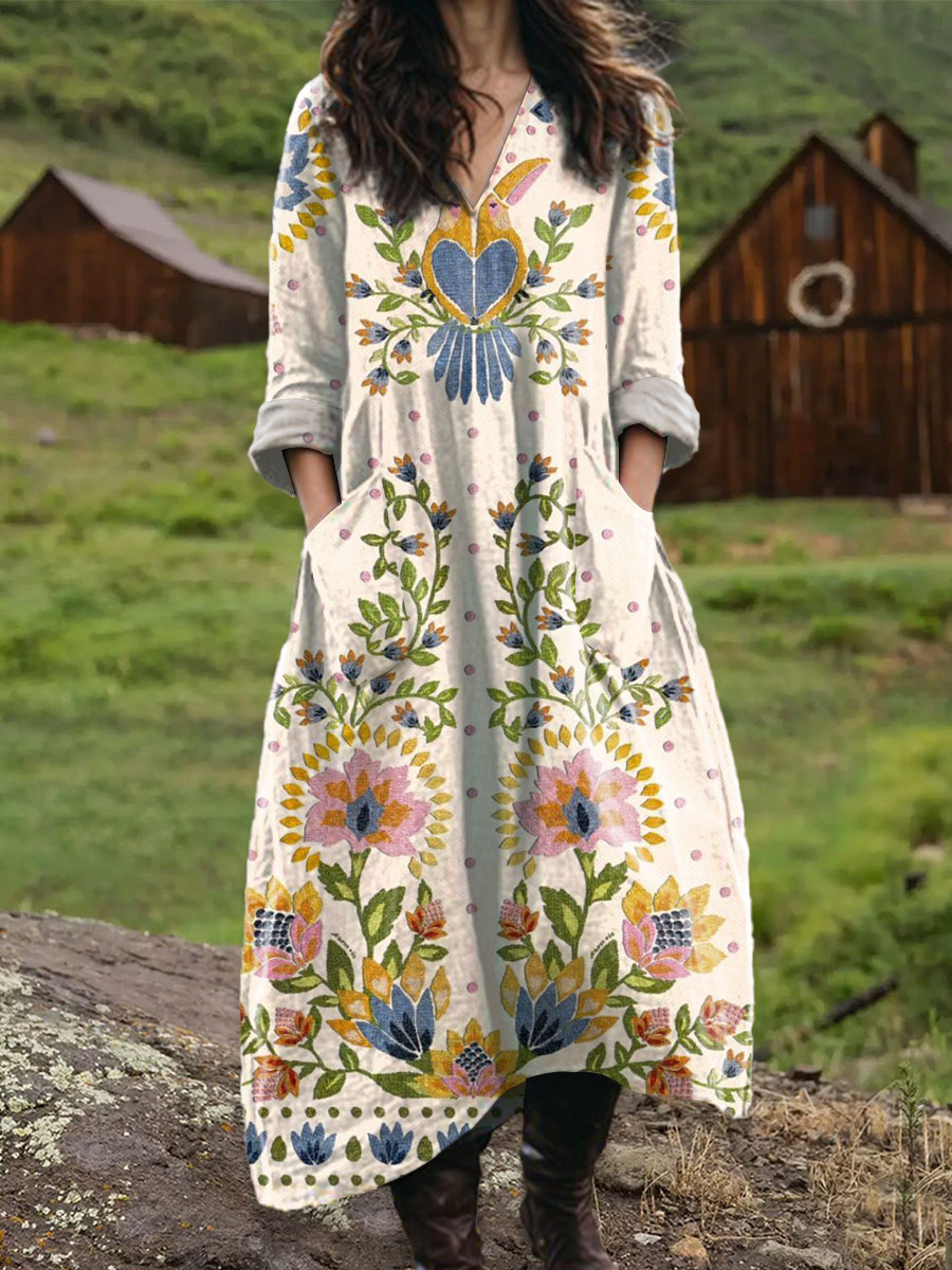 Women's Vintage Floral Art  Print Pocket V-neck Cotton Dress