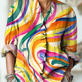 Women's Abstract Beautiful Colorful Stripes Painting Art Print Casual Cotton And Linen Ruffle Shirt