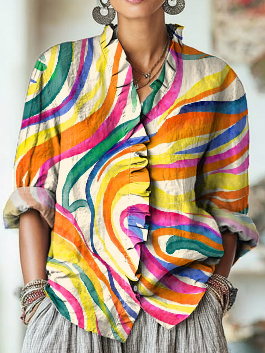 Women's Abstract Beautiful Colorful Stripes Painting Art Print Casual Cotton And Linen Ruffle Shirt