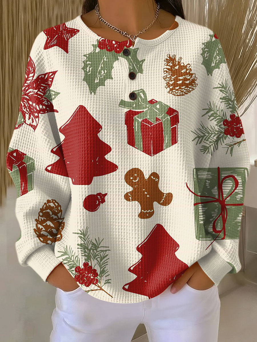 Women's Simple Christmas Tree Pattern Art Print Casual Waffle Henry Collar Sweatshirt