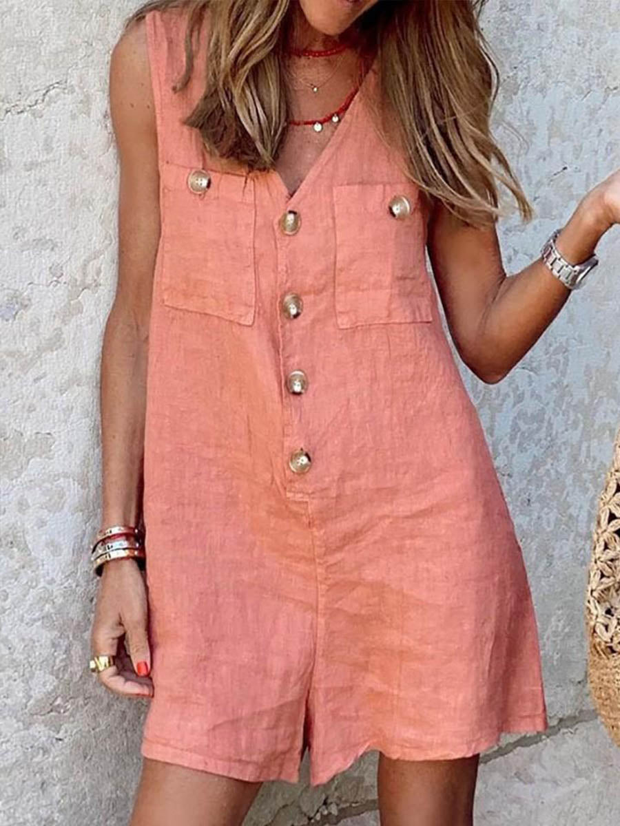 Women's Solid Color V-Neck Sleeveless Loose Linen Vest Wide Leg Jumpsuit Shorts