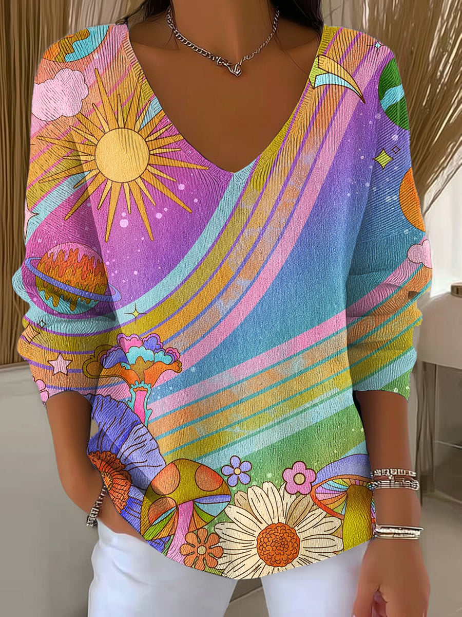 Women's Beautiful Abstract Sun Flower Illustration Art Print Casual Pullover Sweater