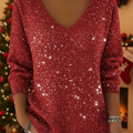 Women's V-neck Solid Color Loose Shiny Sweater