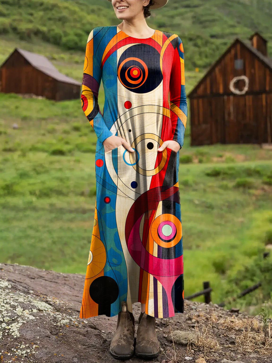 Women's Geometric Pattern Art Print Long-sleeved Dress