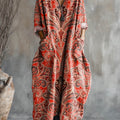 Women's Vintage Floral Pattern Art Print Pocket V-neck Cotton Dress