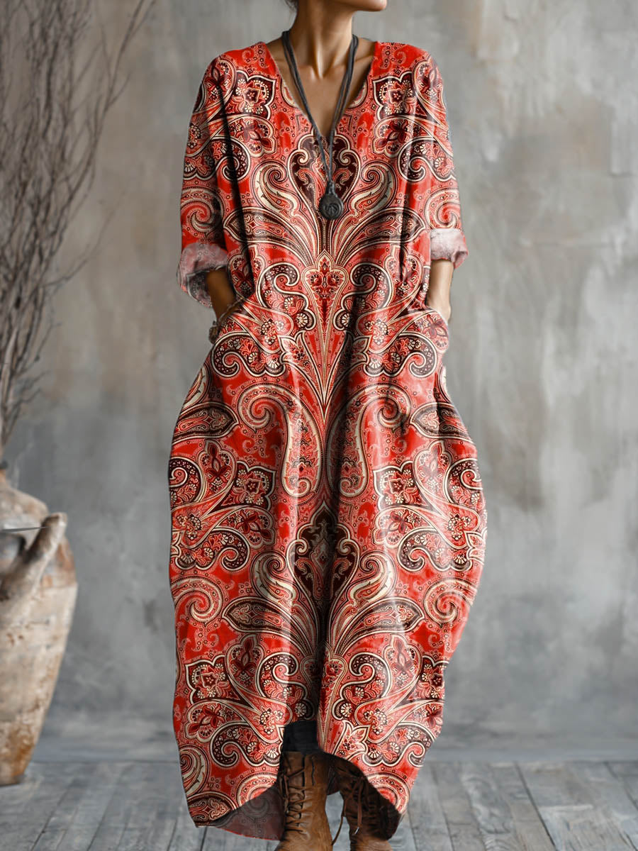 Women's Vintage Floral Pattern Art Print Pocket V-neck Cotton Dress