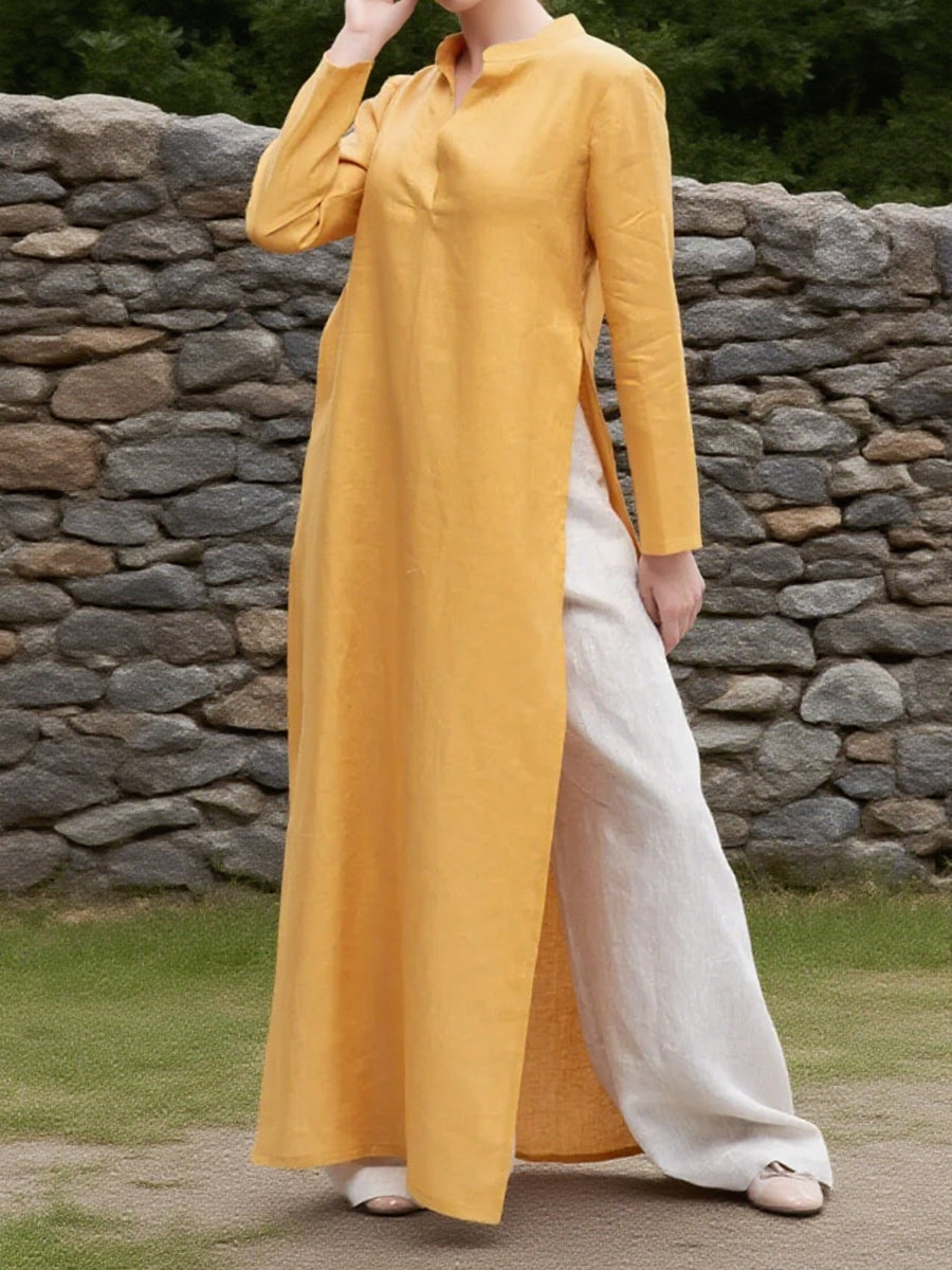 Women's Casual High Slit Cotton and Linen Dress