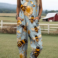 Women's Lovely Floral Bees Art Print Casual 100% Cotton Wide Leg Jumpsuit