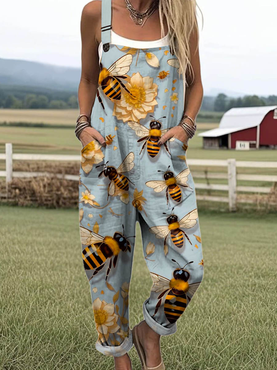 Women's Lovely Floral Bees Art Print Casual 100% Cotton Wide Leg Jumpsuit