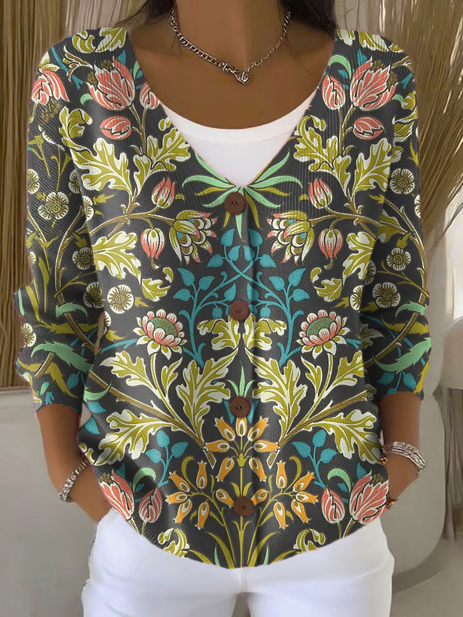 vintage-flower-art-print-buttoned-v-neck-cardigan-sweater-pmvk