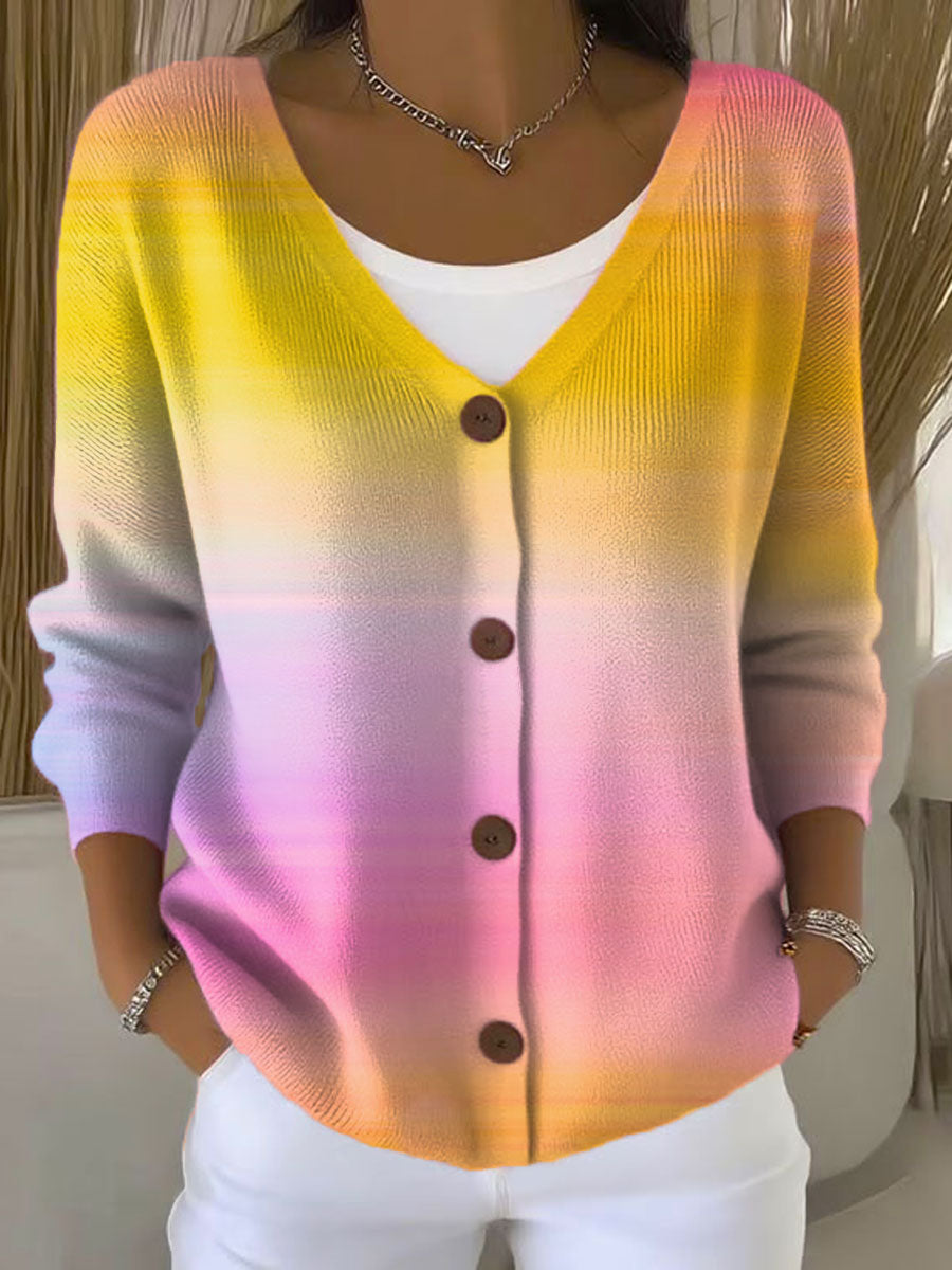 Vintage Gradient Art Print Buttoned V-neck Cardigan Sweater