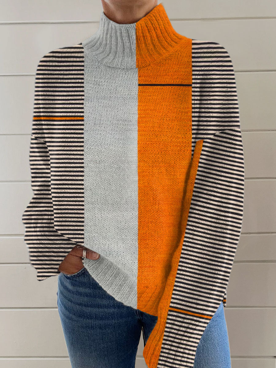 Vintage Abstract Geometric Art Print Knit Turtleneck Pullover Sweater