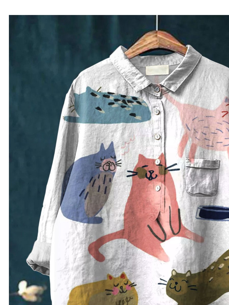 Women's Cute Cat Art Print Casual Cotton And Linen Shirt