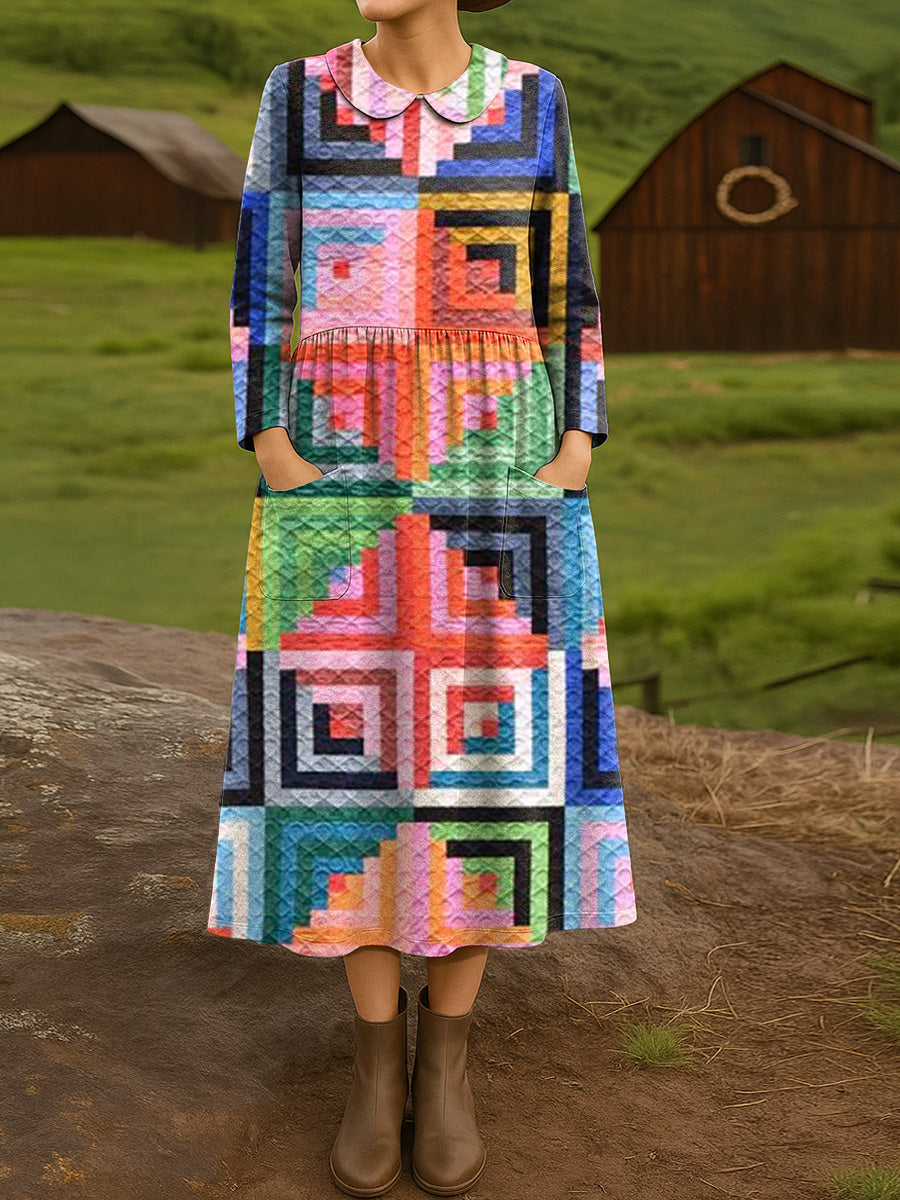 Women's Beautiful Colorful Rhombus Geometric Painting Art Print Cotton Lapel Shirt Dress