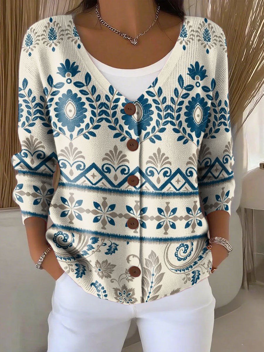 Ethnic Pattern Print Buttoned V-neck Cardigan Sweater