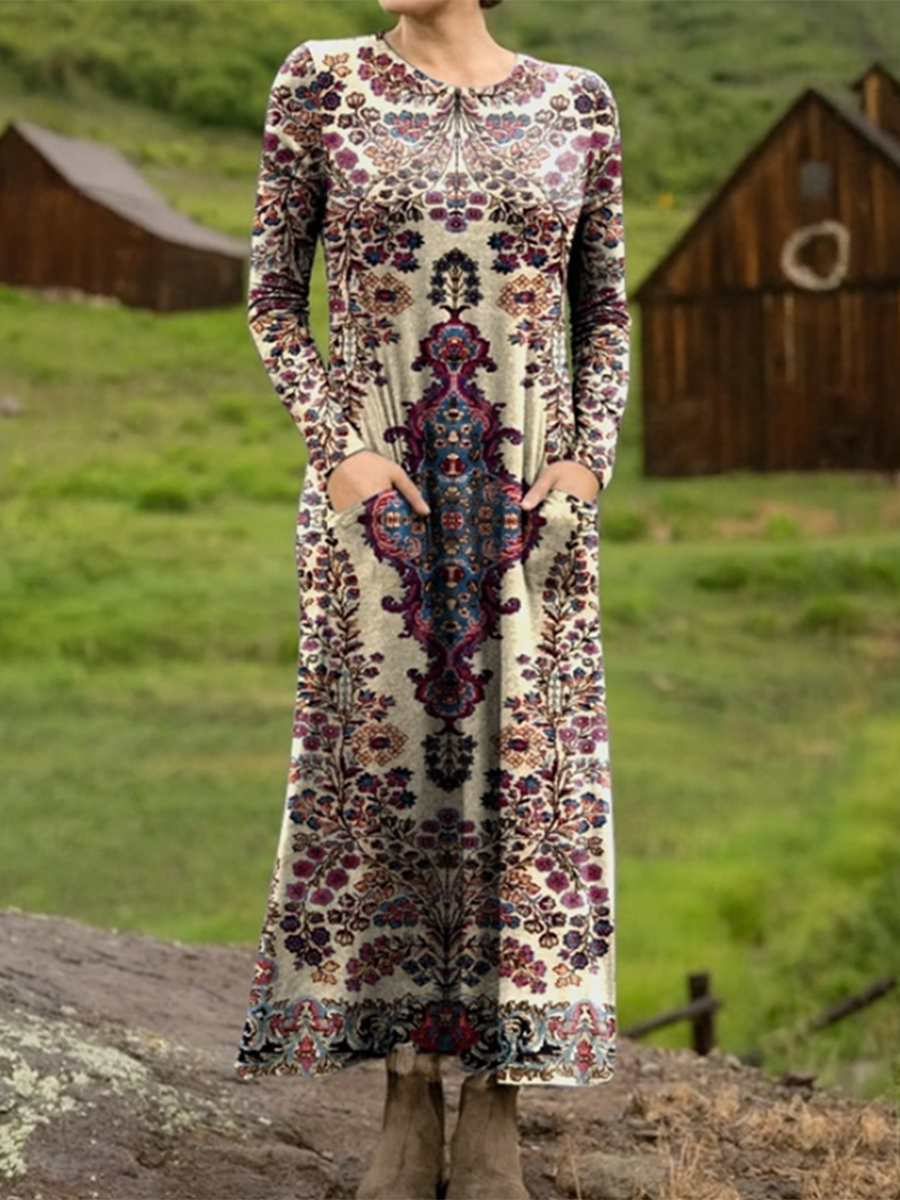 Autumn and Winter Retro Floral Print Stretch Dress